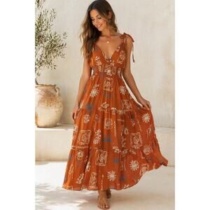 Patrons of Peace Maxi Dress Womens Small Boho Orange Print Tie Strap Flowing